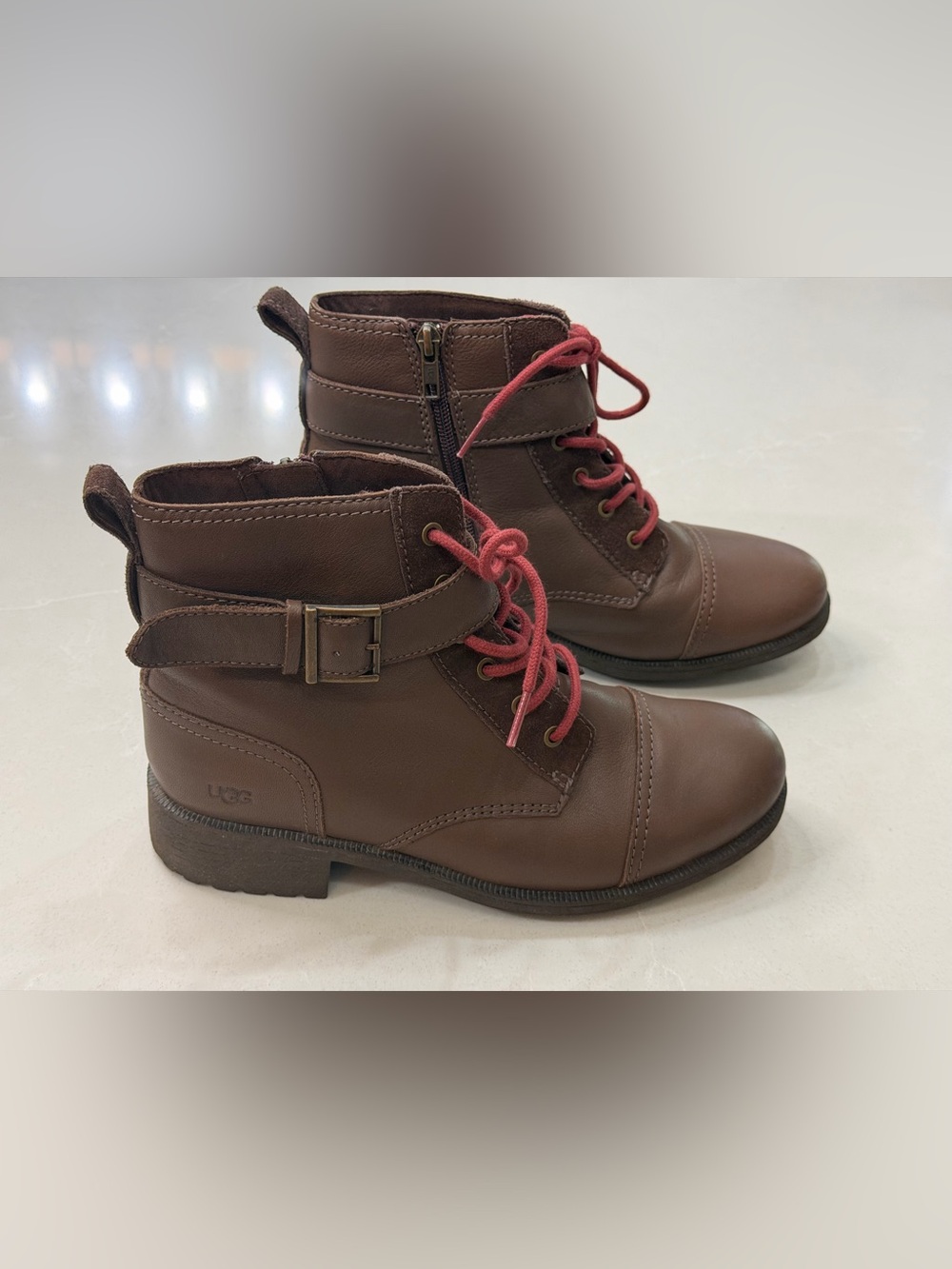 UGG Jaidyn Grizzly Brown Leather Combat Lace Up Buckle Ankle Boots Wool Lined 9
